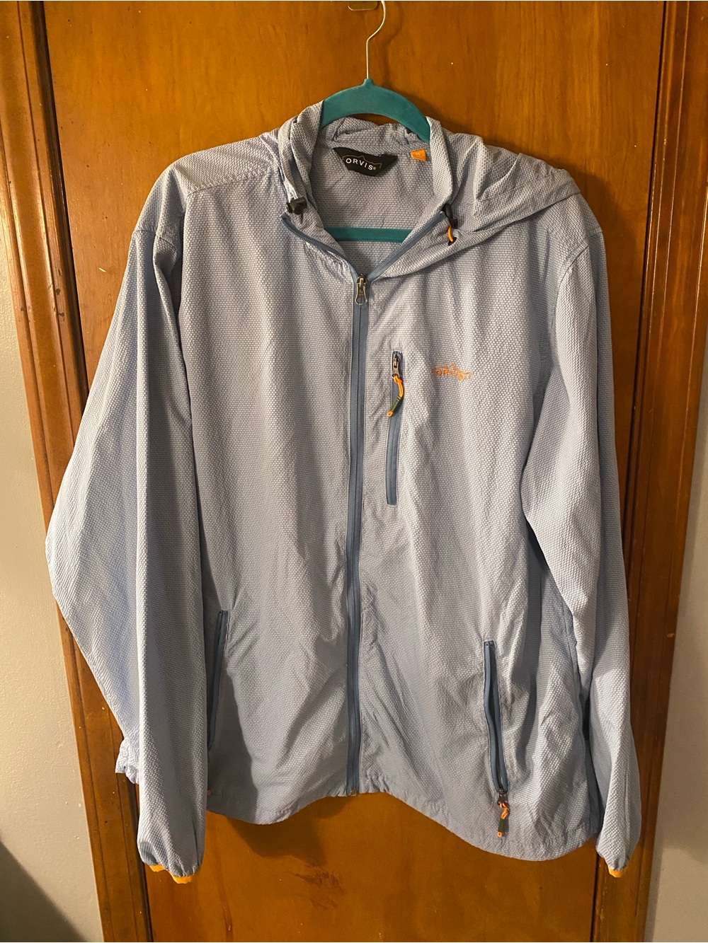 Orvis Light Blue Hooded Windbreaker with Orange Accents